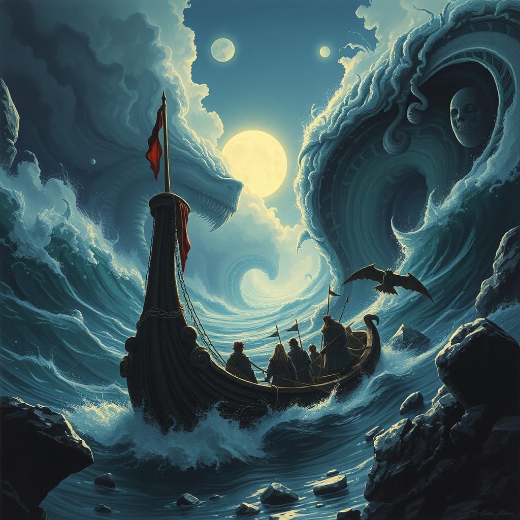 Aeneas Navigates Scylla and Charybdis in Dark Surrealism