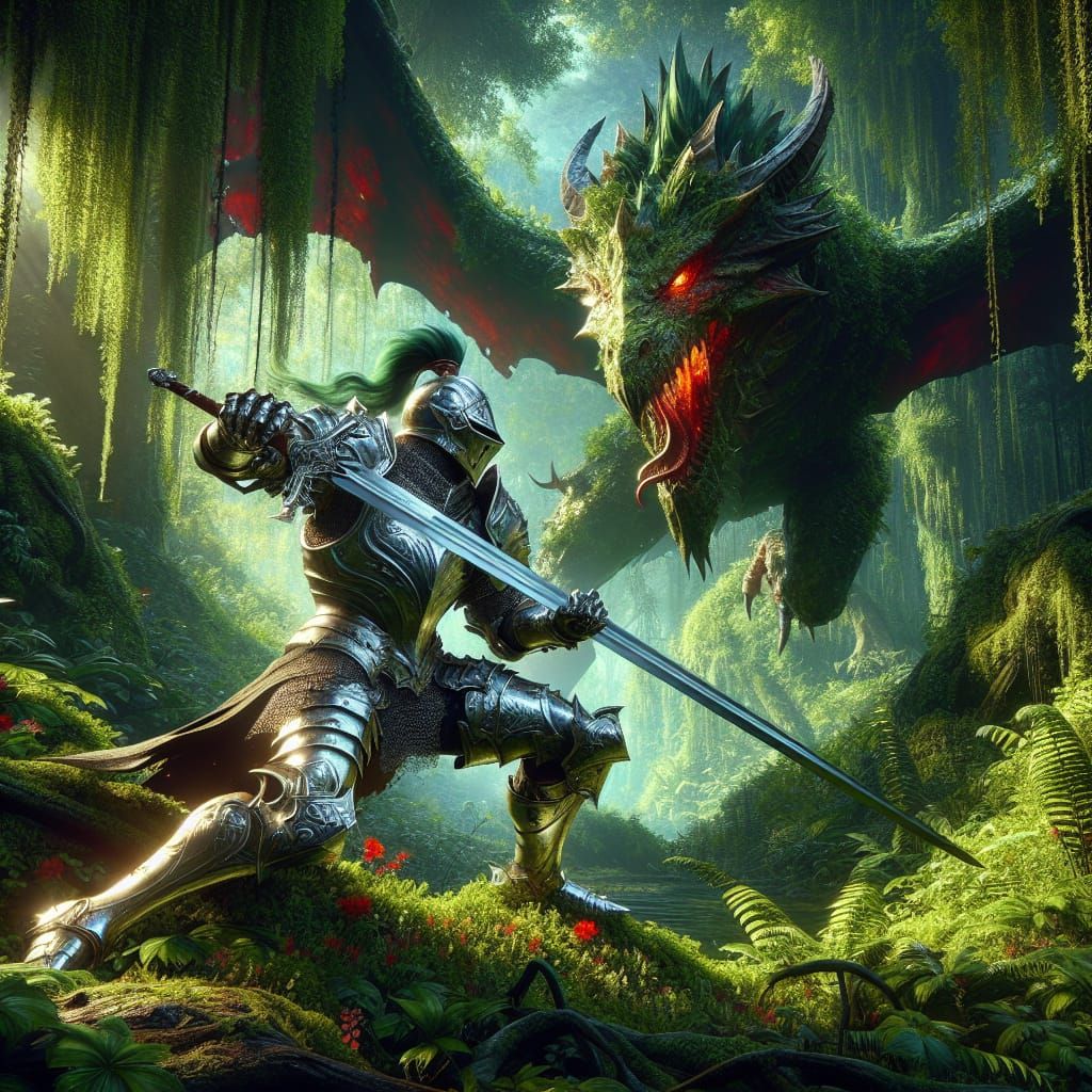 Knight and Dragon Battle in Verdant Forest