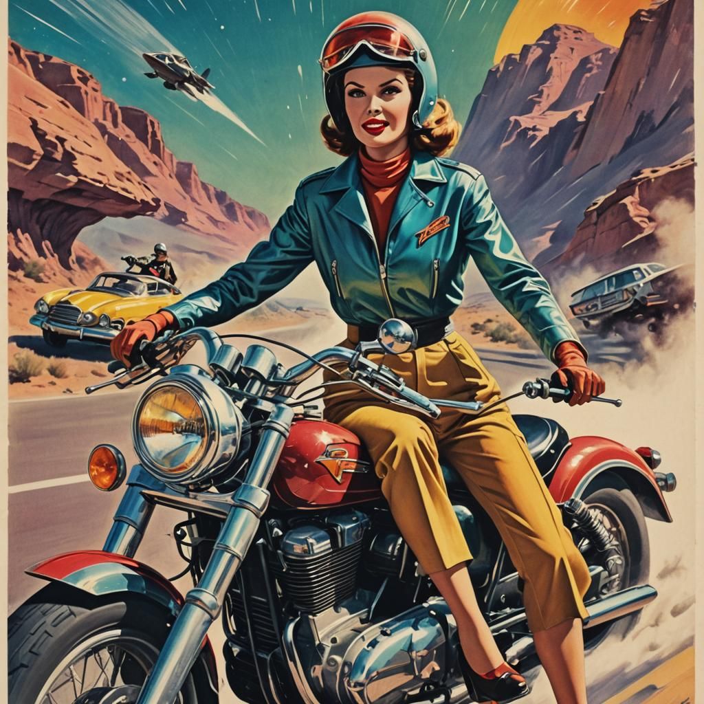 Glamorous 1950s Woman on Space Age Motorcycle