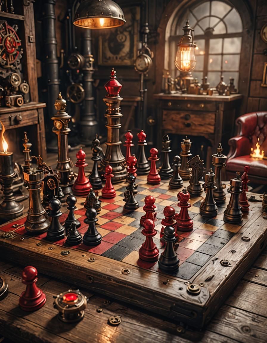 Image of a Steampunk themed chessboard with red and black game pieces mid game in a torch lit room on a rustic wood tabl...