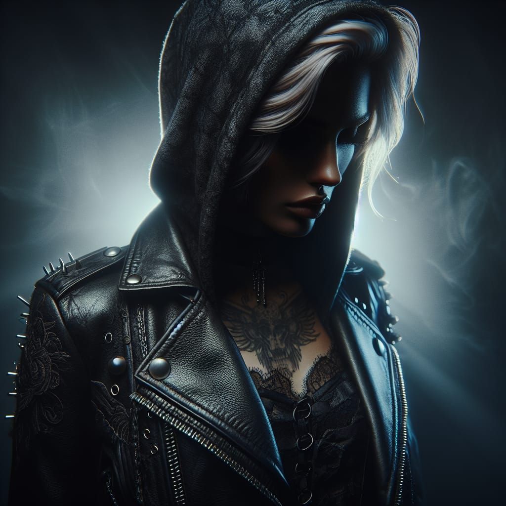 Gothic Woman in Leather Jacket, Hyperrealistic Style