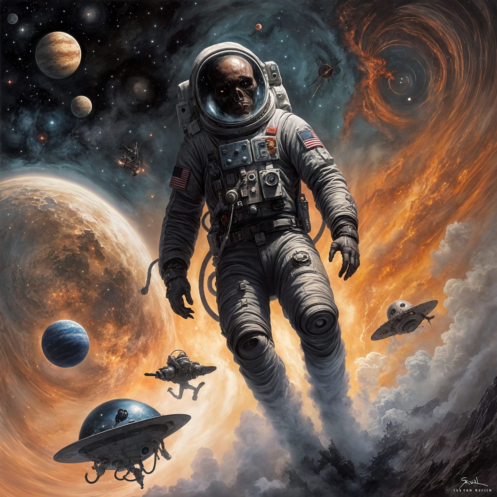 Dead Astronaut in Space with Alien Race