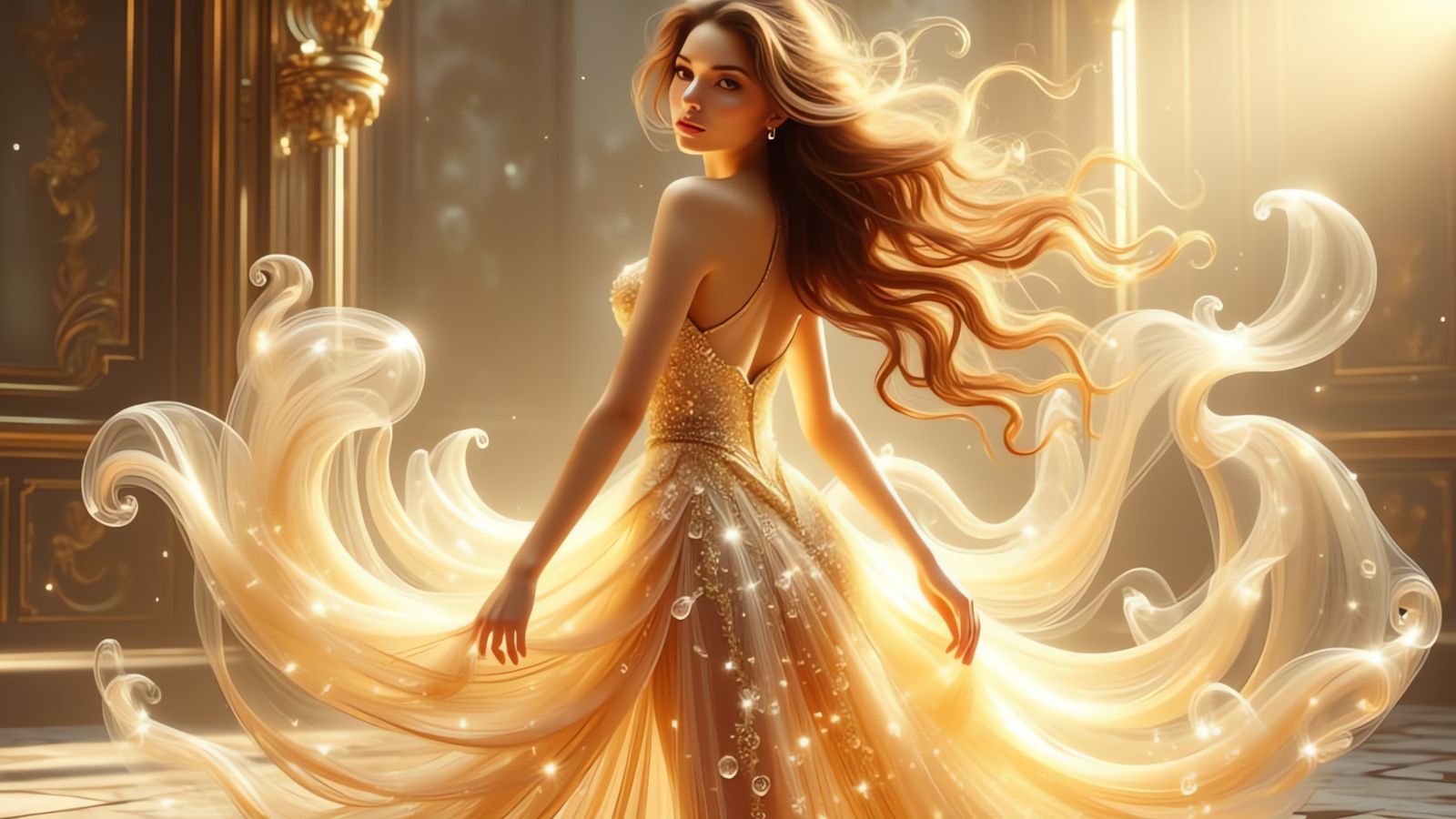 Woman in Flowing Crystal Dress on Marble Floor