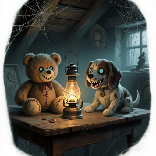 Vintage Plush Toys Around Oil Lamp in Dim Light