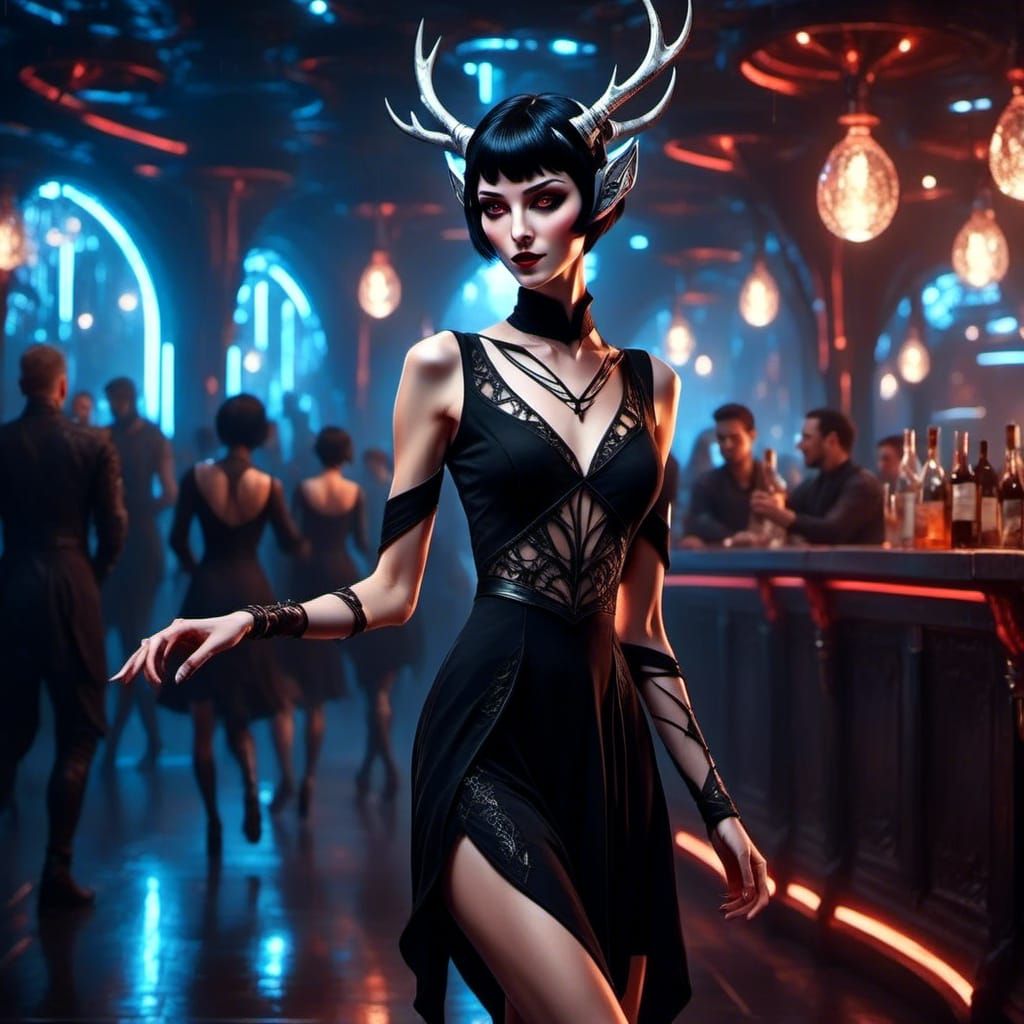 Cyberpunk Woman Dancing in Futuristic Bar