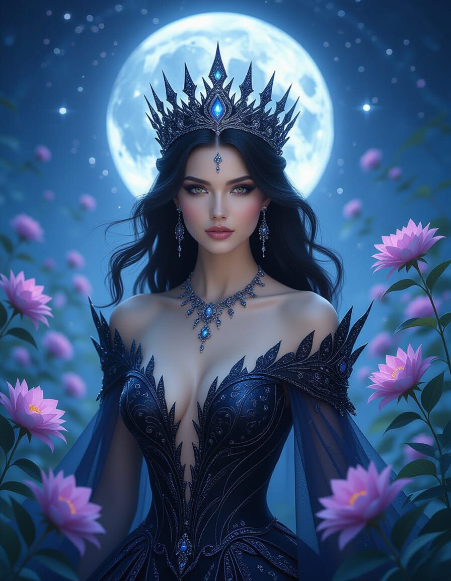 Twilight Queen in Celestial Garden, Dark Fantasy Art