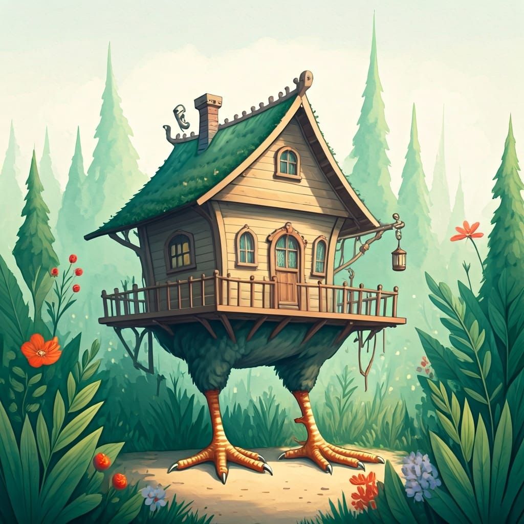 Baba Yaga's House in Watercolor Picture Book Style