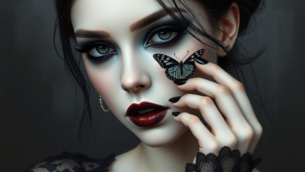 Gothic Beauty with Butterfly, Hyperrealistic Digital Art