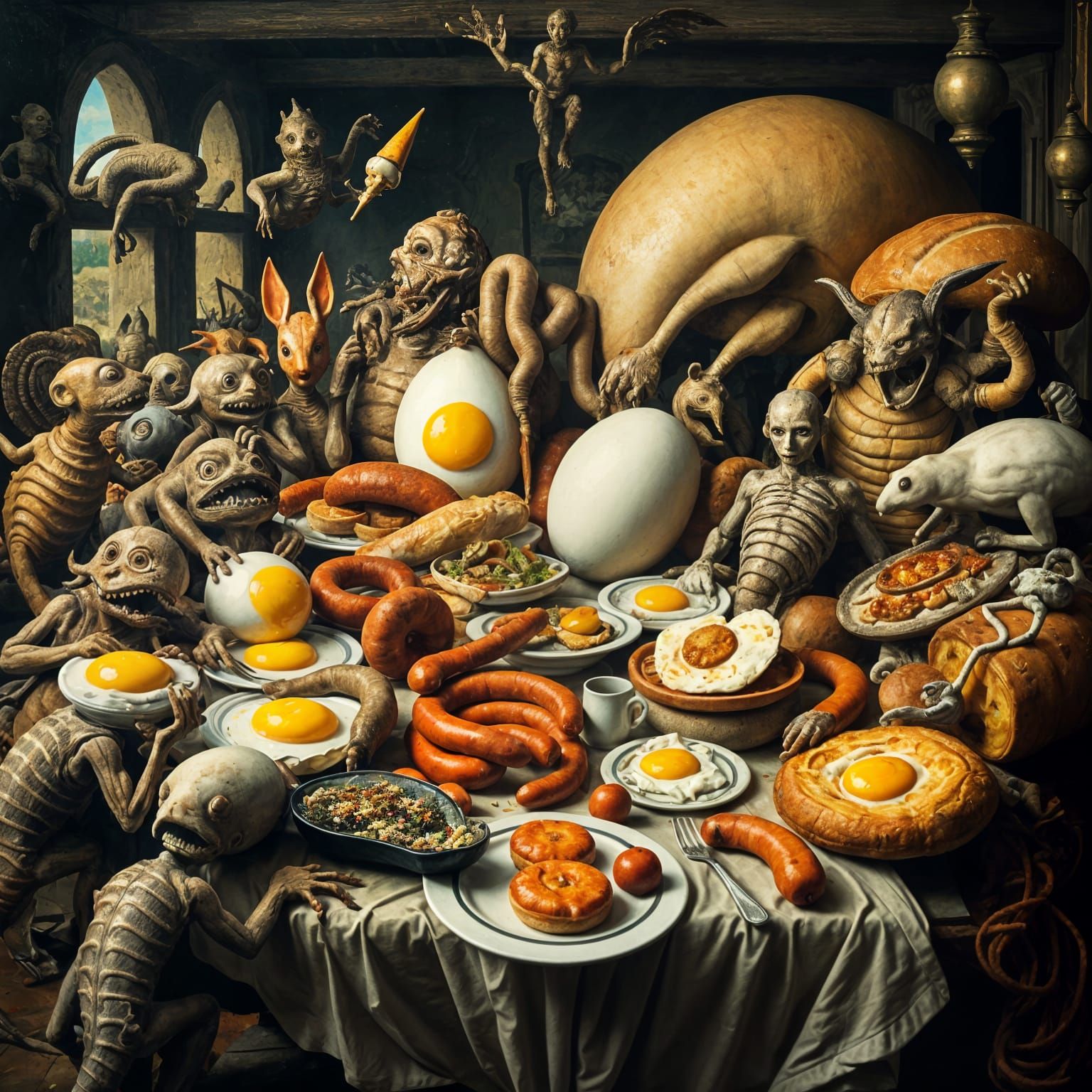 Surreal Breakfast Scene in the Manner of Hieronymus Bosch