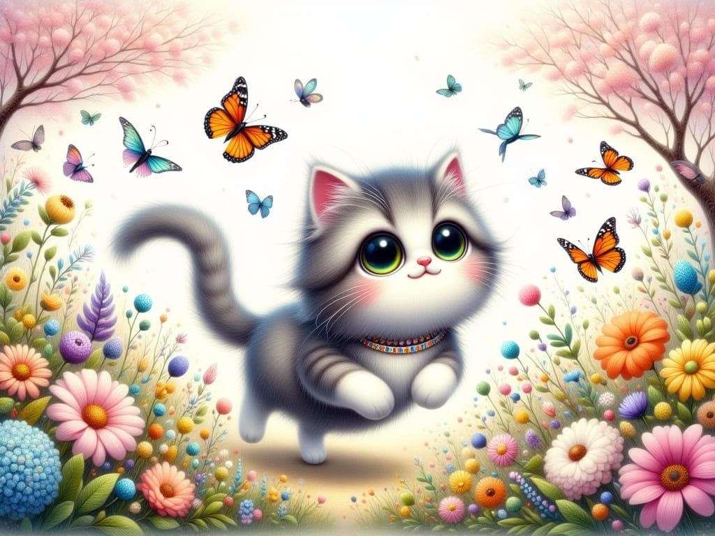 Whimsical Fantasy Kitten in Floral Meadow