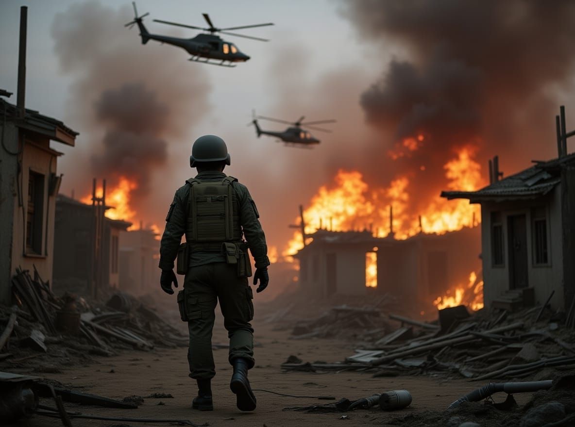 Soldier Amidst Ruins in Wartime Photography Style