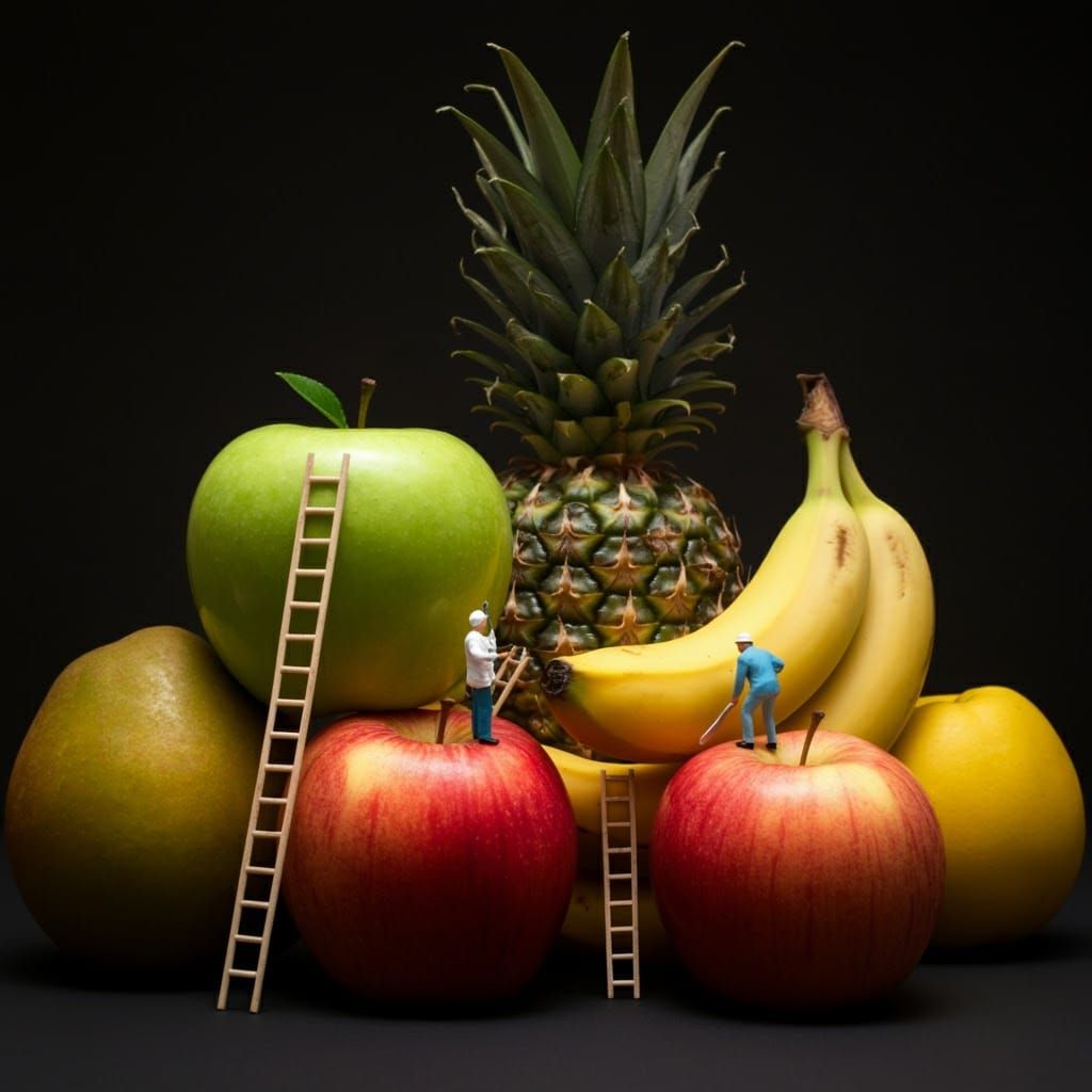 Miniature People in a World of Colossal Fruits