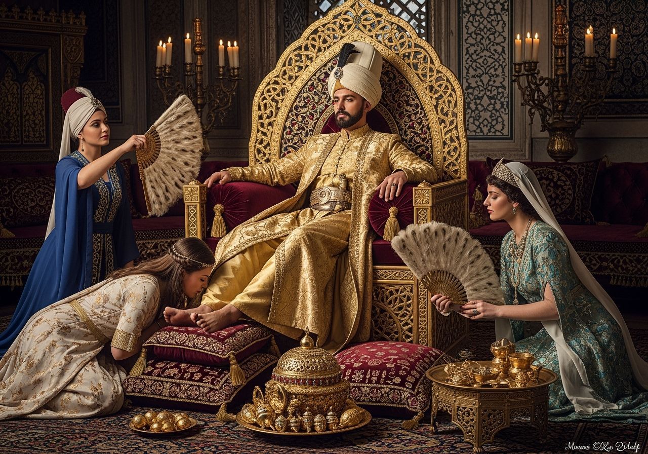 Ottoman Sultan on Gold Throne in Palace Interior