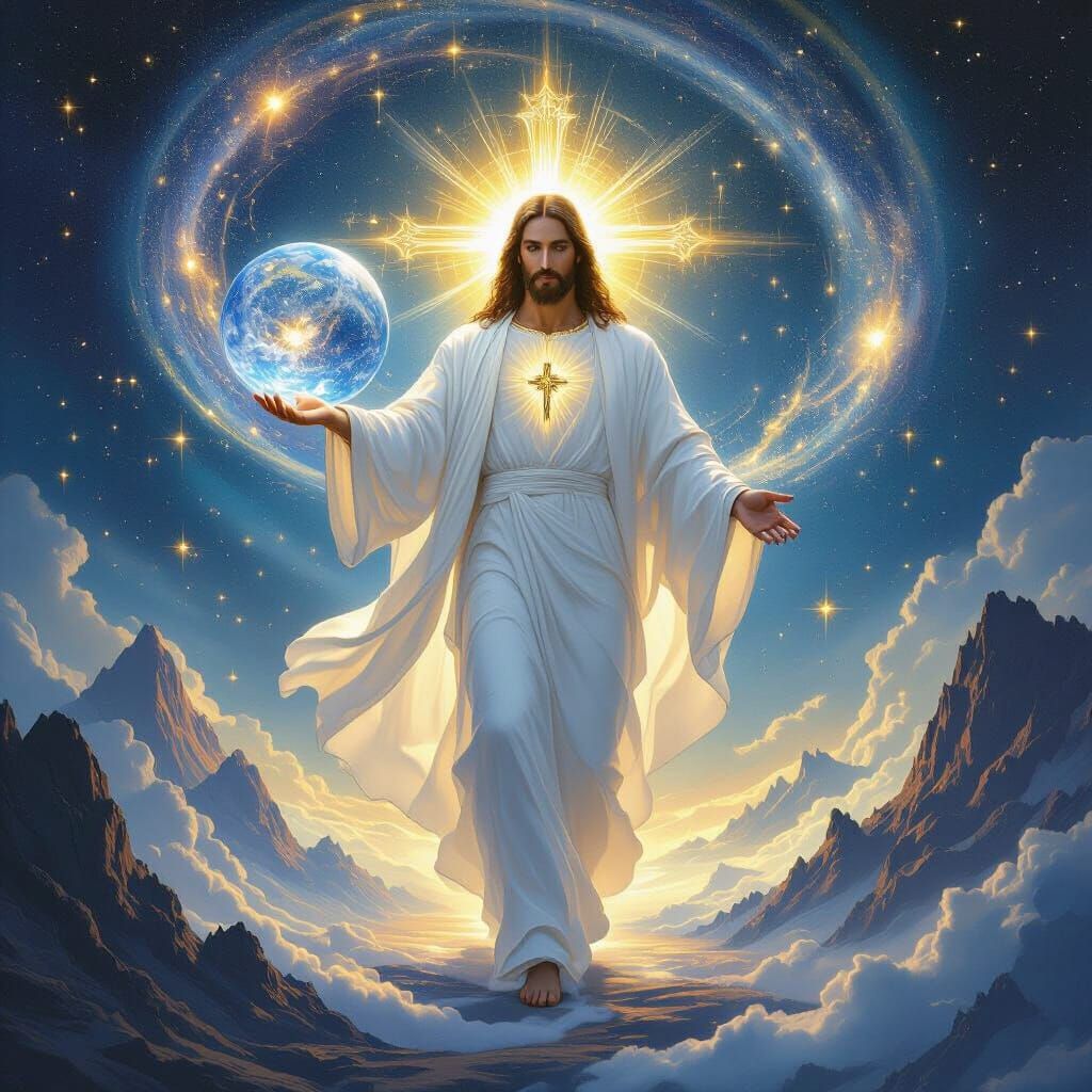 Jesus Walks Galaxies Holding Cosmos, Cosmic Beacon Cross