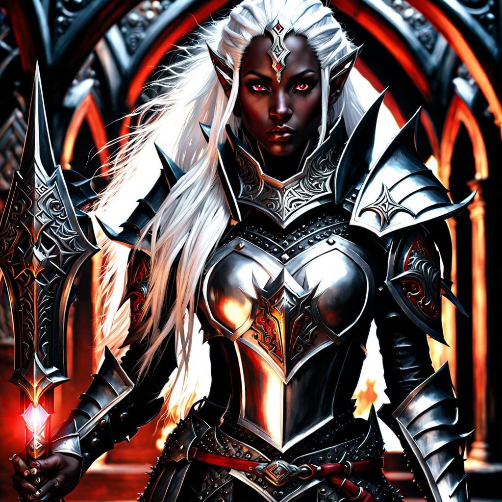 Drow Female Cleric Knight in Silver Armor