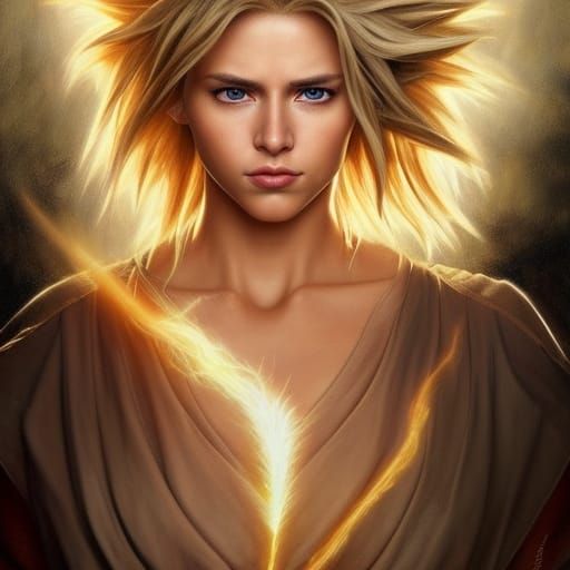 Super Saiyan Woman in Combat, Hyperrealistic Art