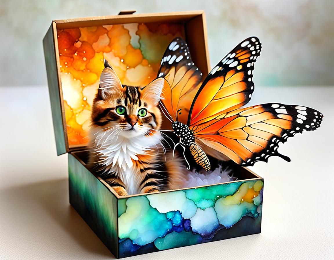 Whimsical Fractal Dragon-Cat in Alcohol Ink Style