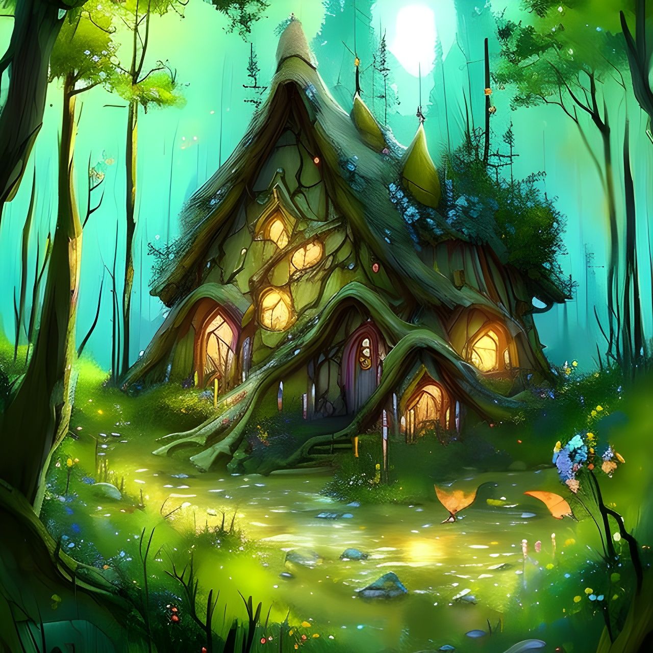 Enchanted Forest Cottage with Fireflies: Oil Painting