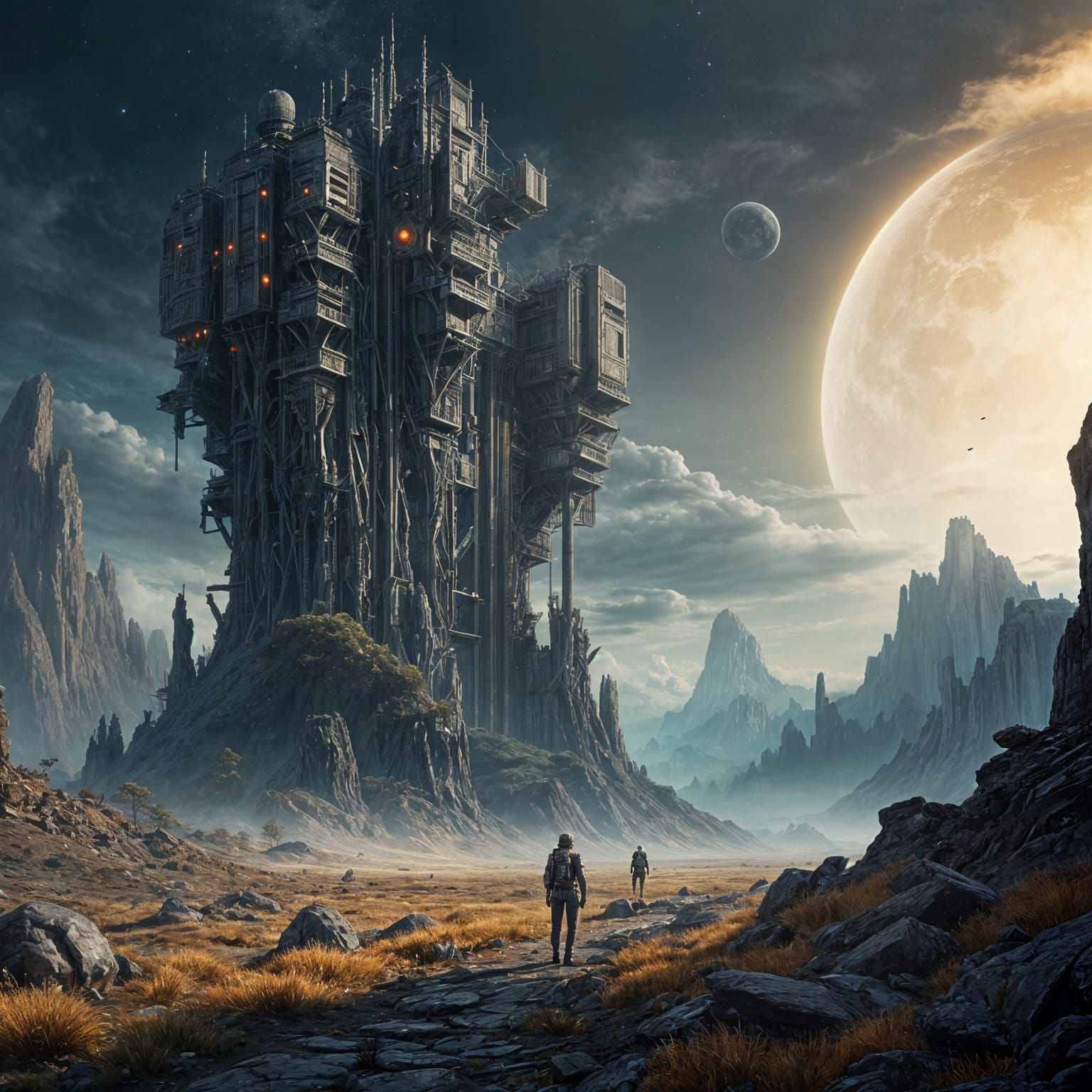 Explorers in Awe Before Colossal Alien Structure in Distant,...