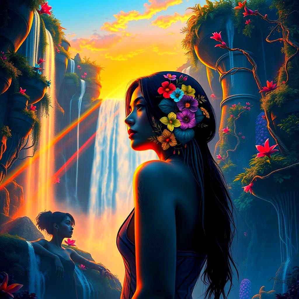 Vibrant Hyperrealistic Waterfall Scene with Futuristic Skysc...