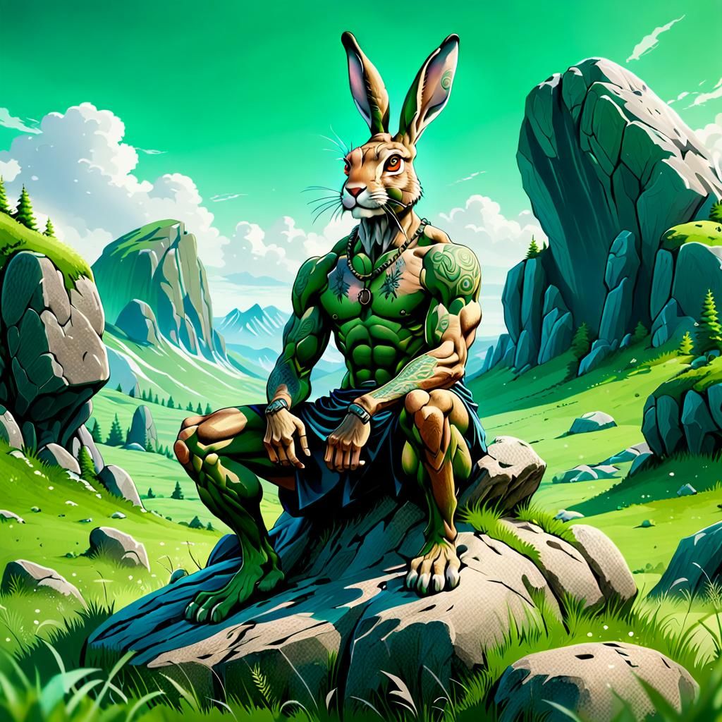 Brave Hare Warrior in Green Meadow Landscape