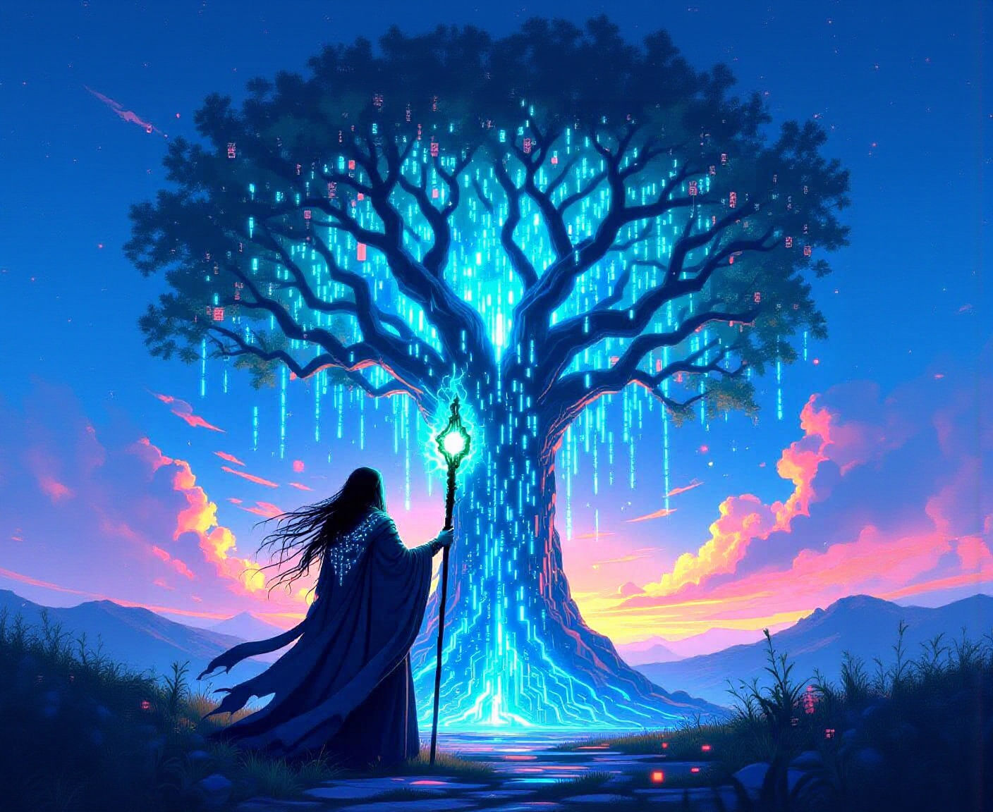 Digital Druid with Energy Staff Before Binary Tree