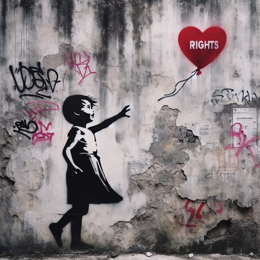 Little Girl Grasping for Red Heart Balloon on Decaying Concr...