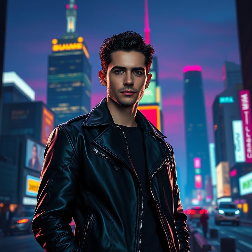 Sigma Male in Neon Cityscape at Dusk