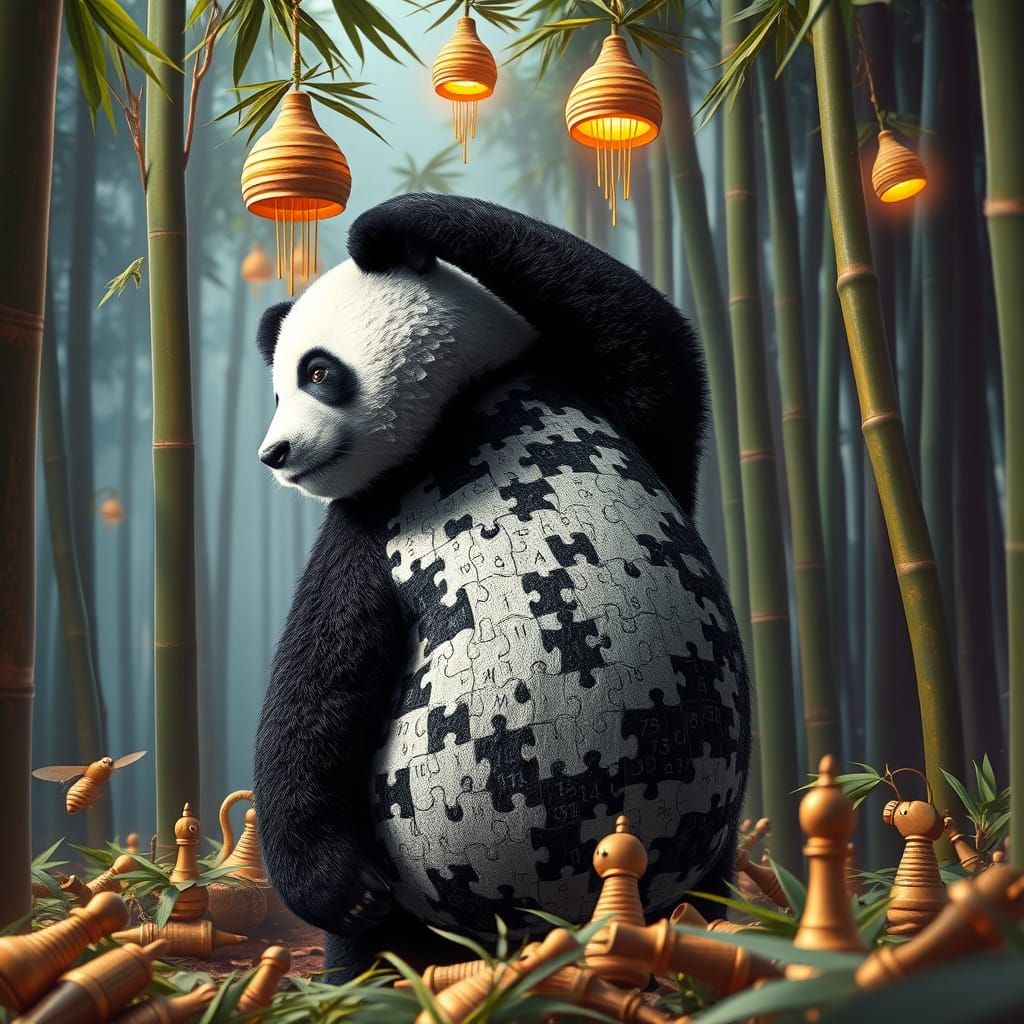Dreamlike Panda Solves Riddles in Vibrant Bamboo Maze