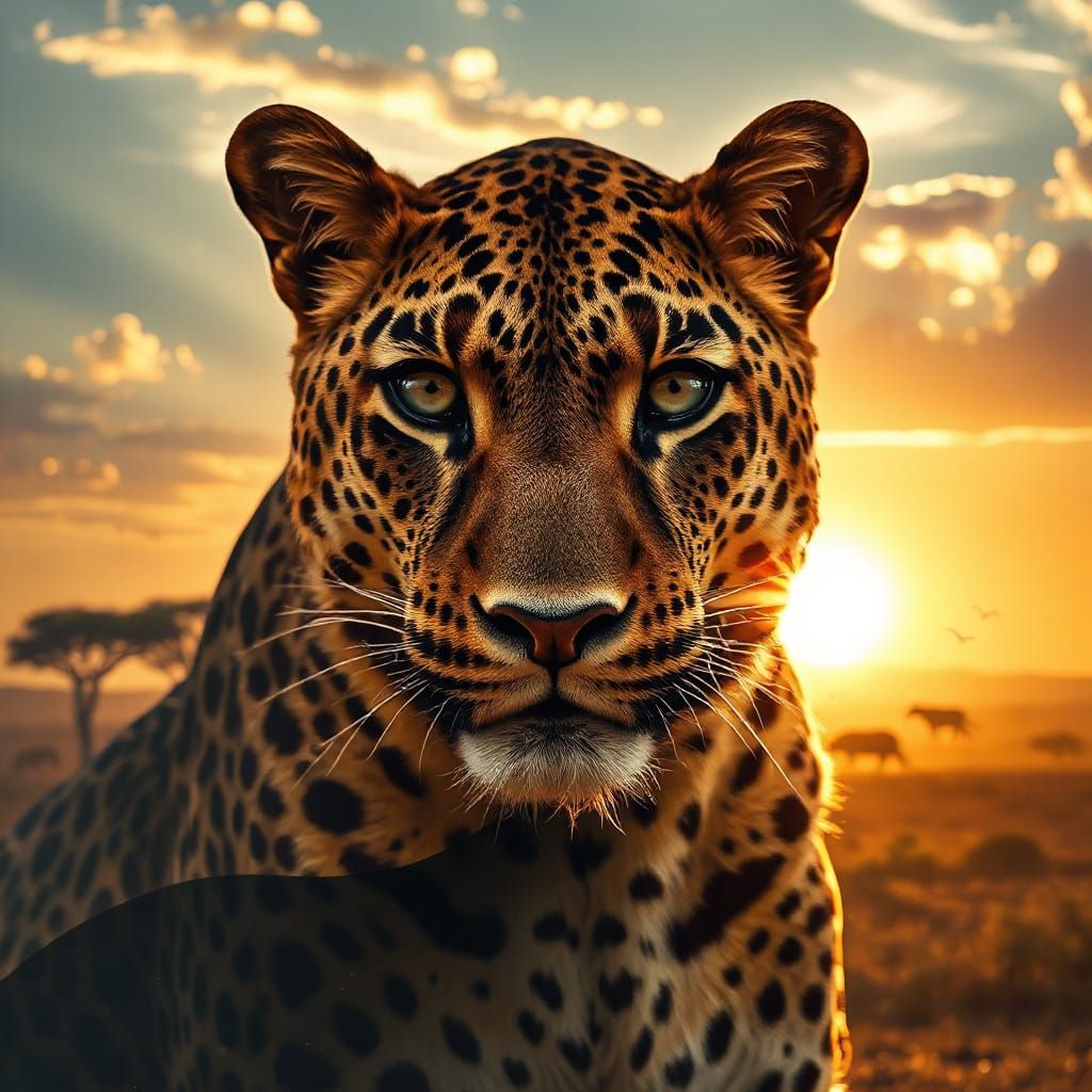 Leopard Profile in African Savanna Double Exposure