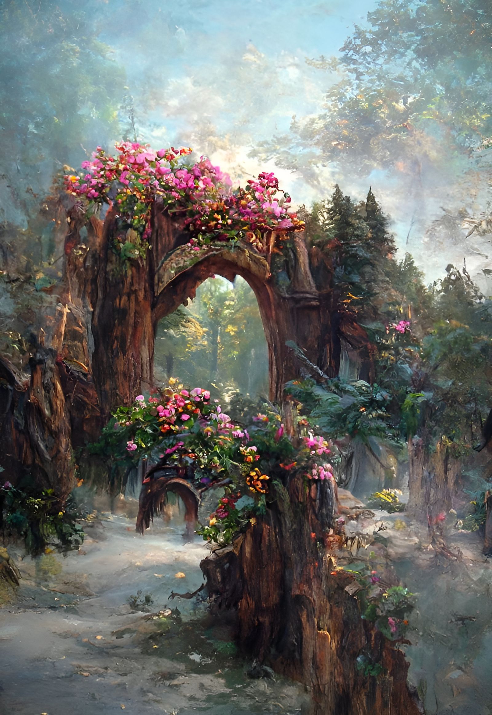 Floral Archway in Woods: Oil Painting in Romantic Style