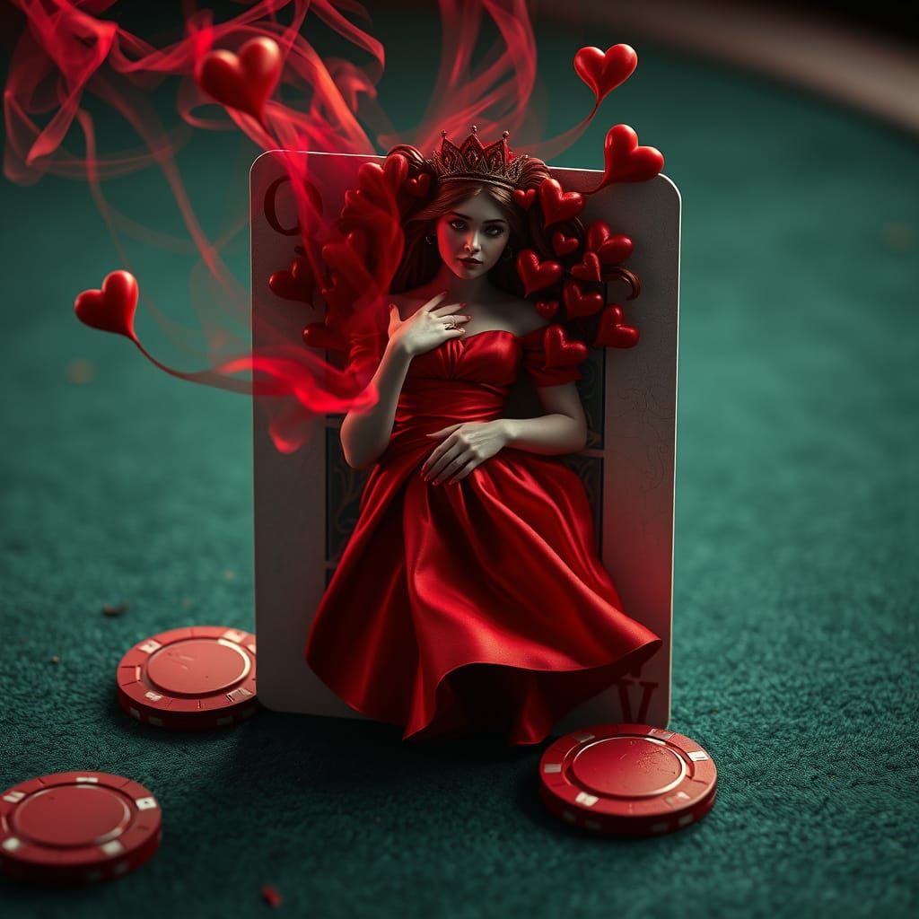 Hyperrealistic Queen of Hearts on Green Felt Card Table