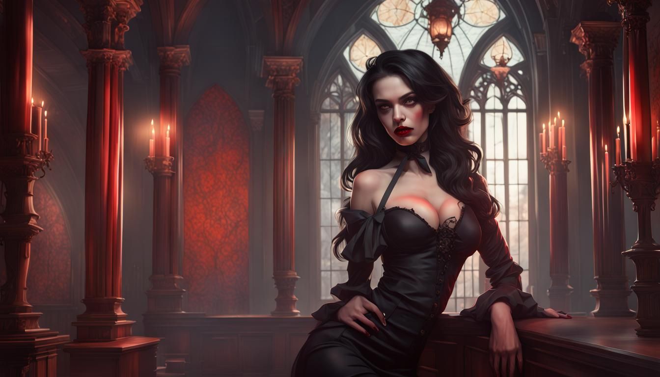 Sensual Vampire Brunette in Gothic Vintage Architecture