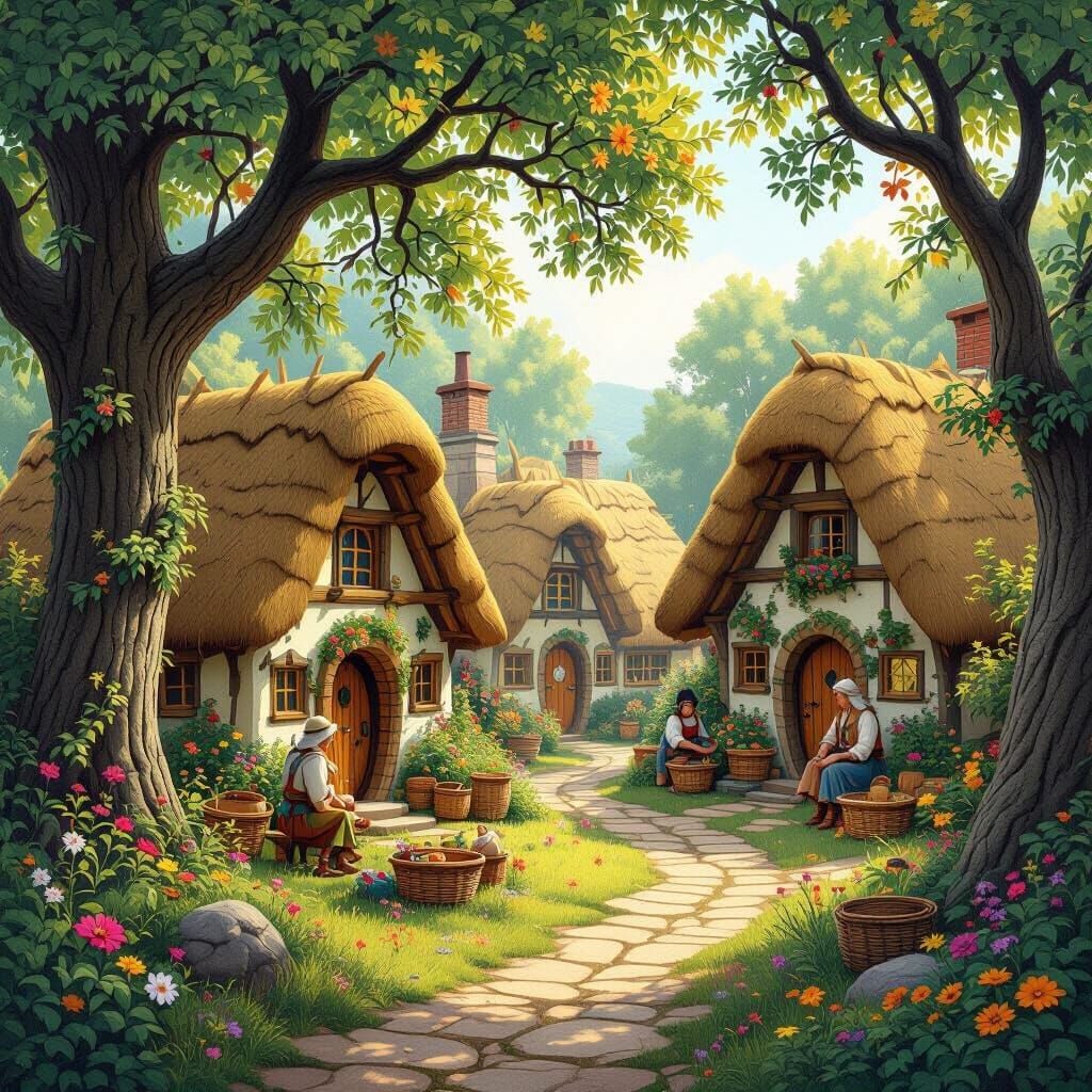 Charming Celtic Village Scene in Mucha Style