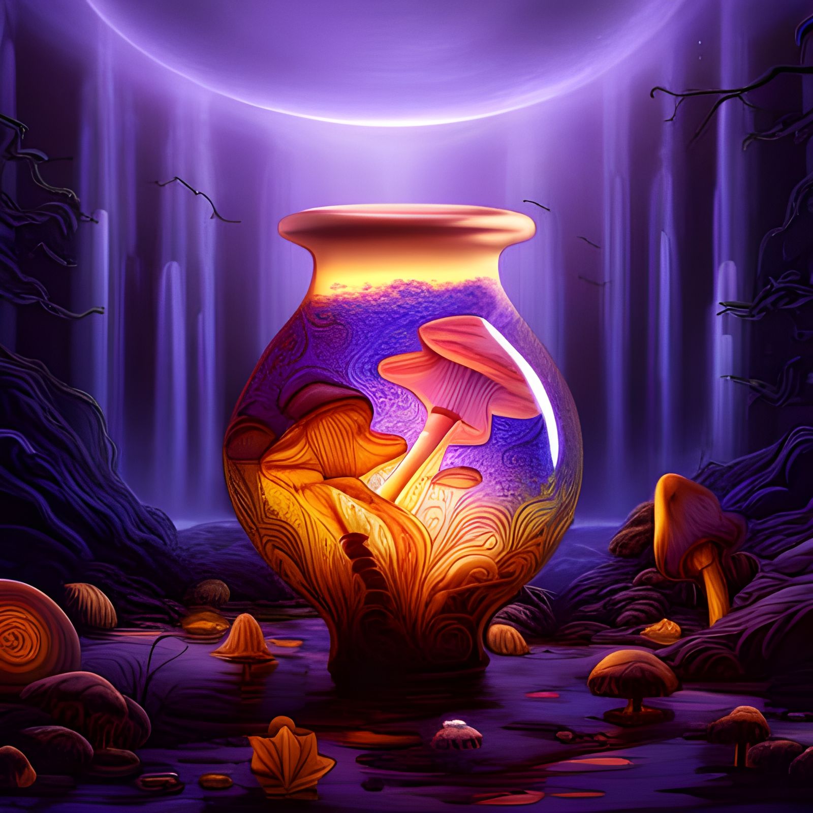 Luminescent Mushrooms in Glass Vase, Fantasy Concept Art