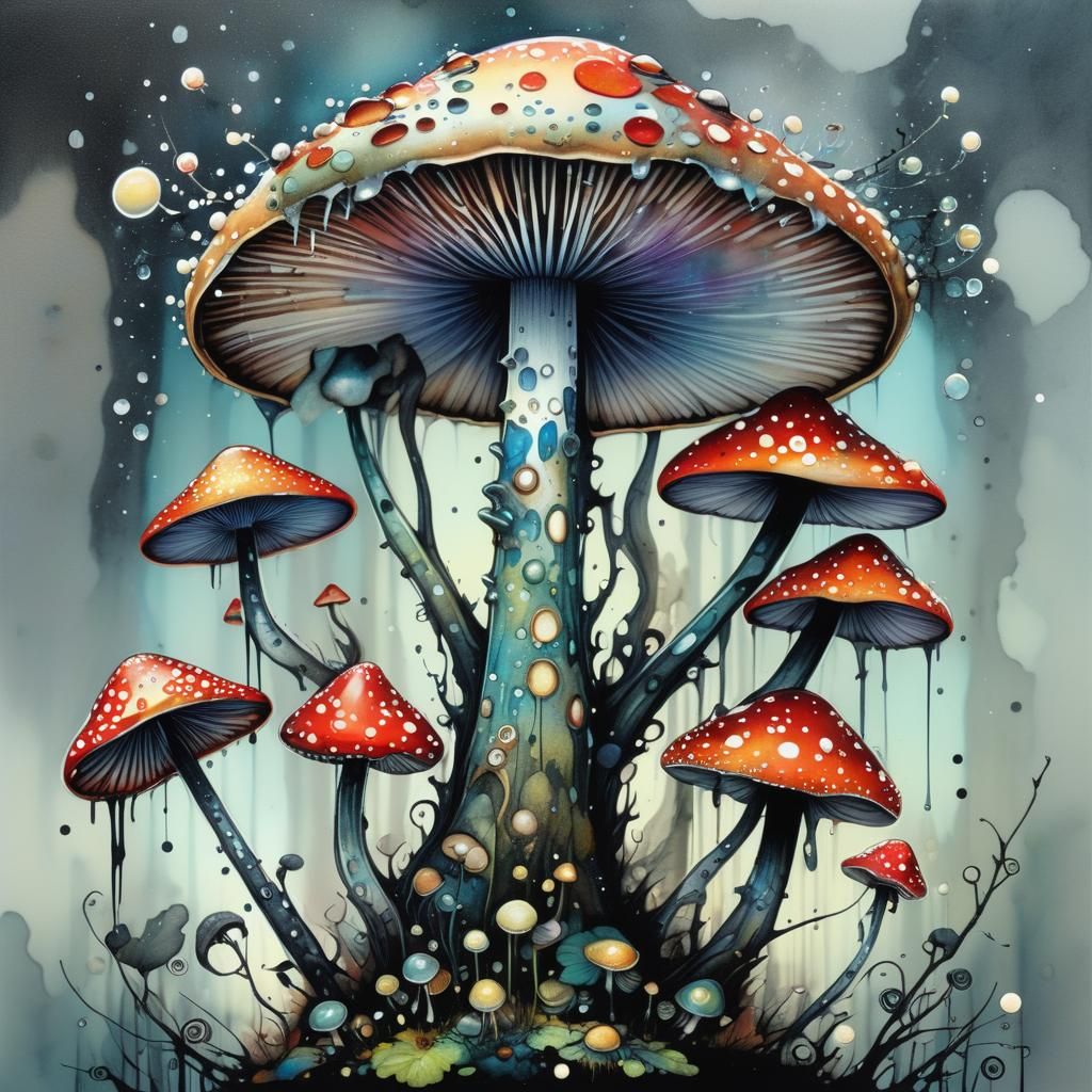 Whimsical Mushroom in Pointillist Fantasy Style