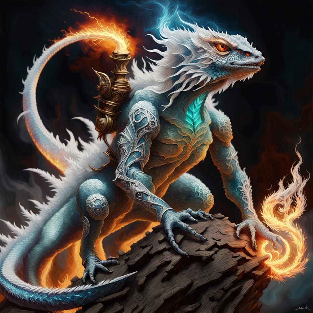 Giant Frost Lizard Wizard Sculpts Fire Magic