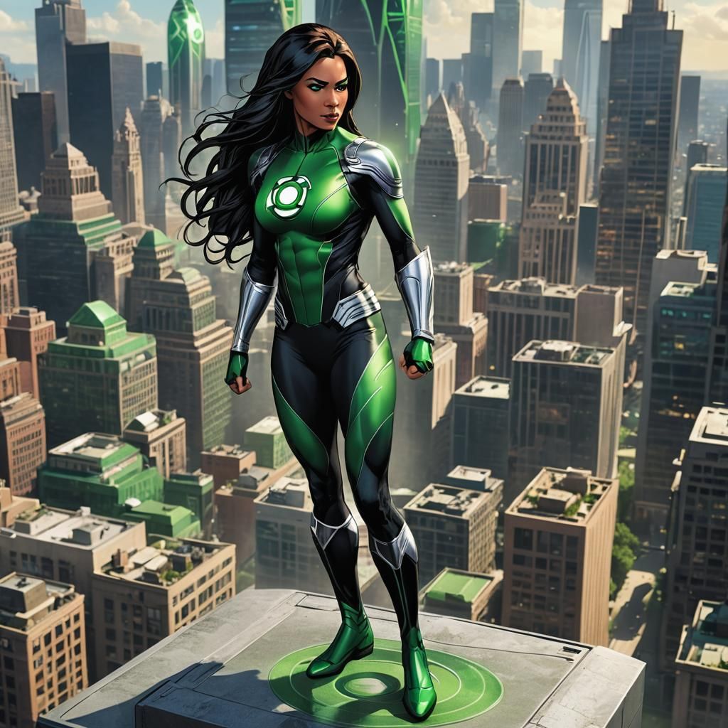 Green Lantern Jessica Cruz on Futuristic Skyscraper, Anime A...