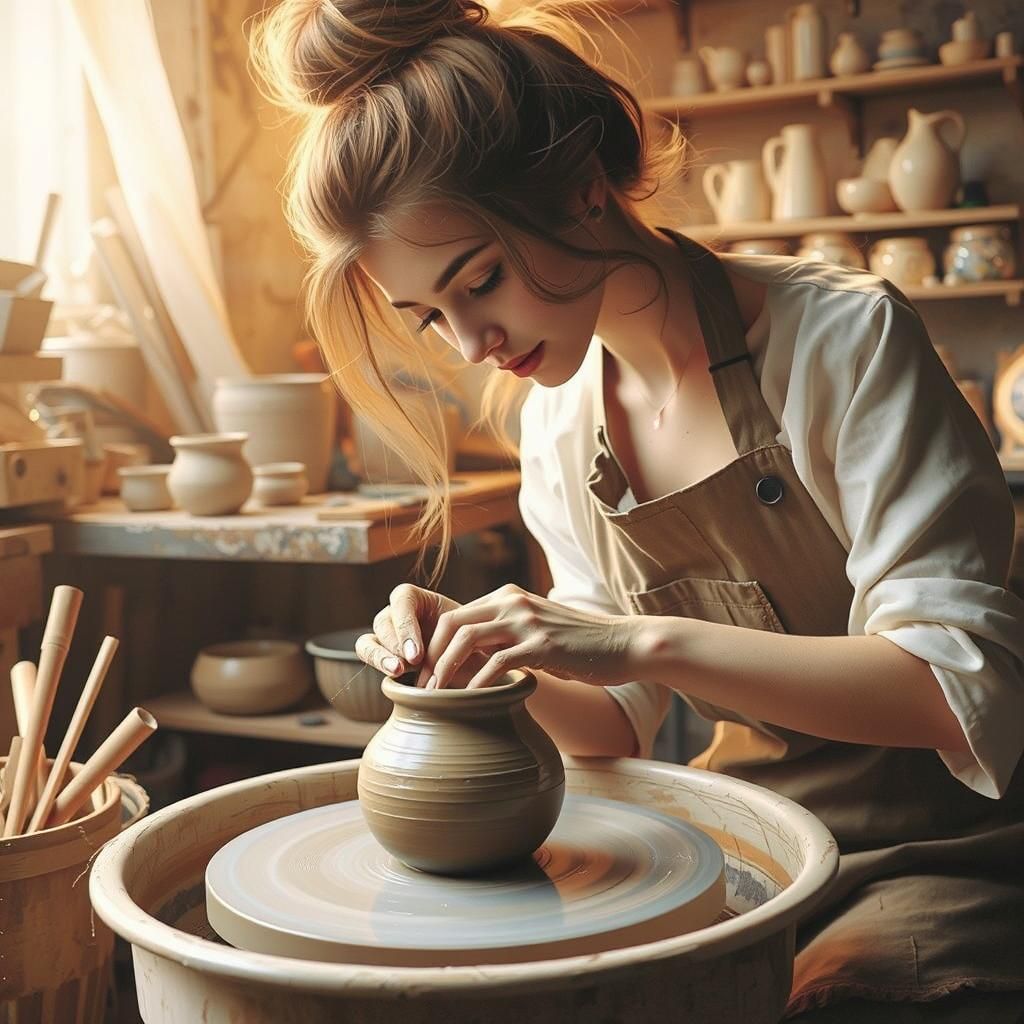 Young Potter Shapes Clay Vase with Soft Lighting