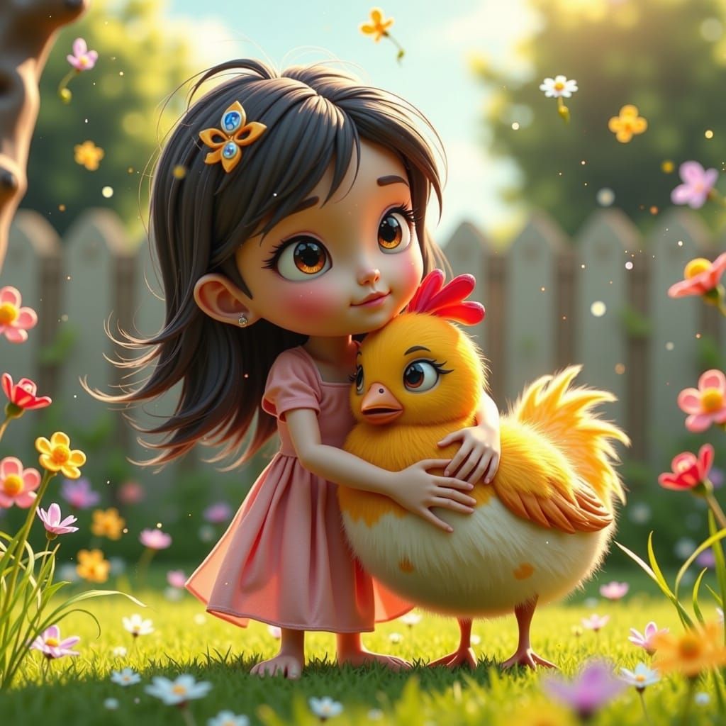 Girl Hugging Grumpy Chicken: Pixar-Style 3D Animation