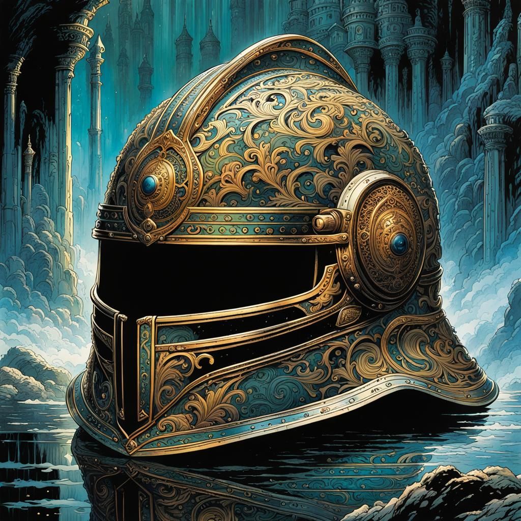 Magical Helmet in Watercolor Comic Book Art Style