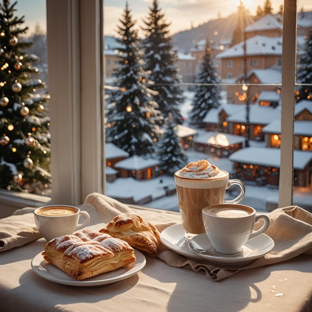 Christmas Morning Still Life: Cappuccino and Pastry