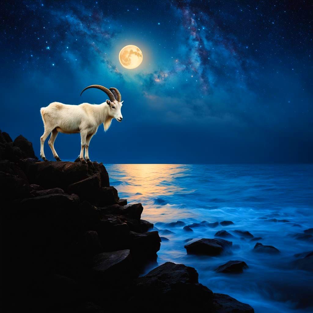 Stardust Goat of Capricorn Seeks Balance Under Crescent Moon