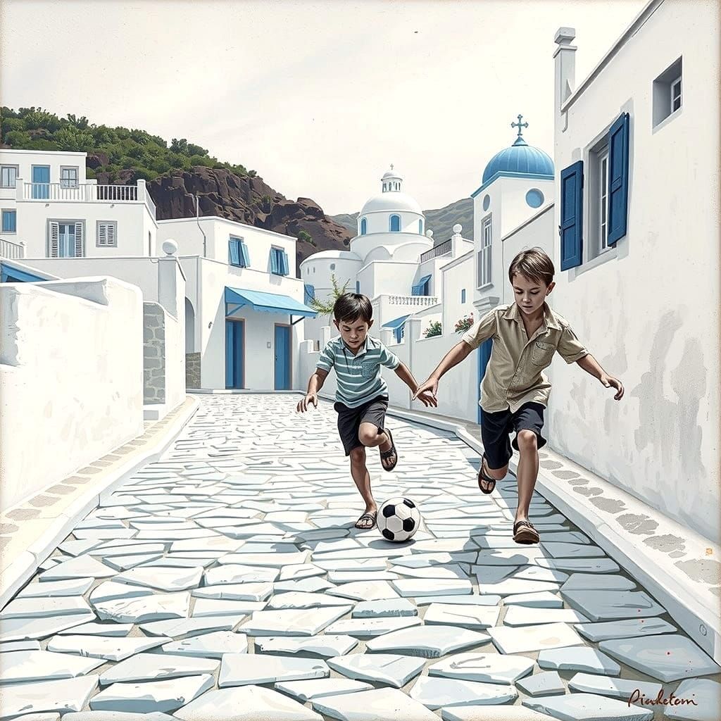 Boys Play Football in Santorini, Textured Oil Painting