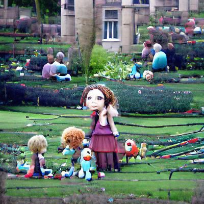 Worried Girl with Puppets in a Majestic Garden