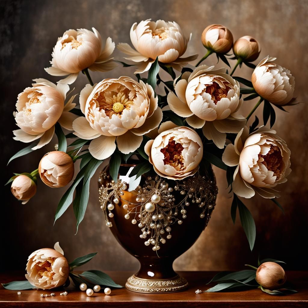Ornate Brown Vase of Beige Peonies