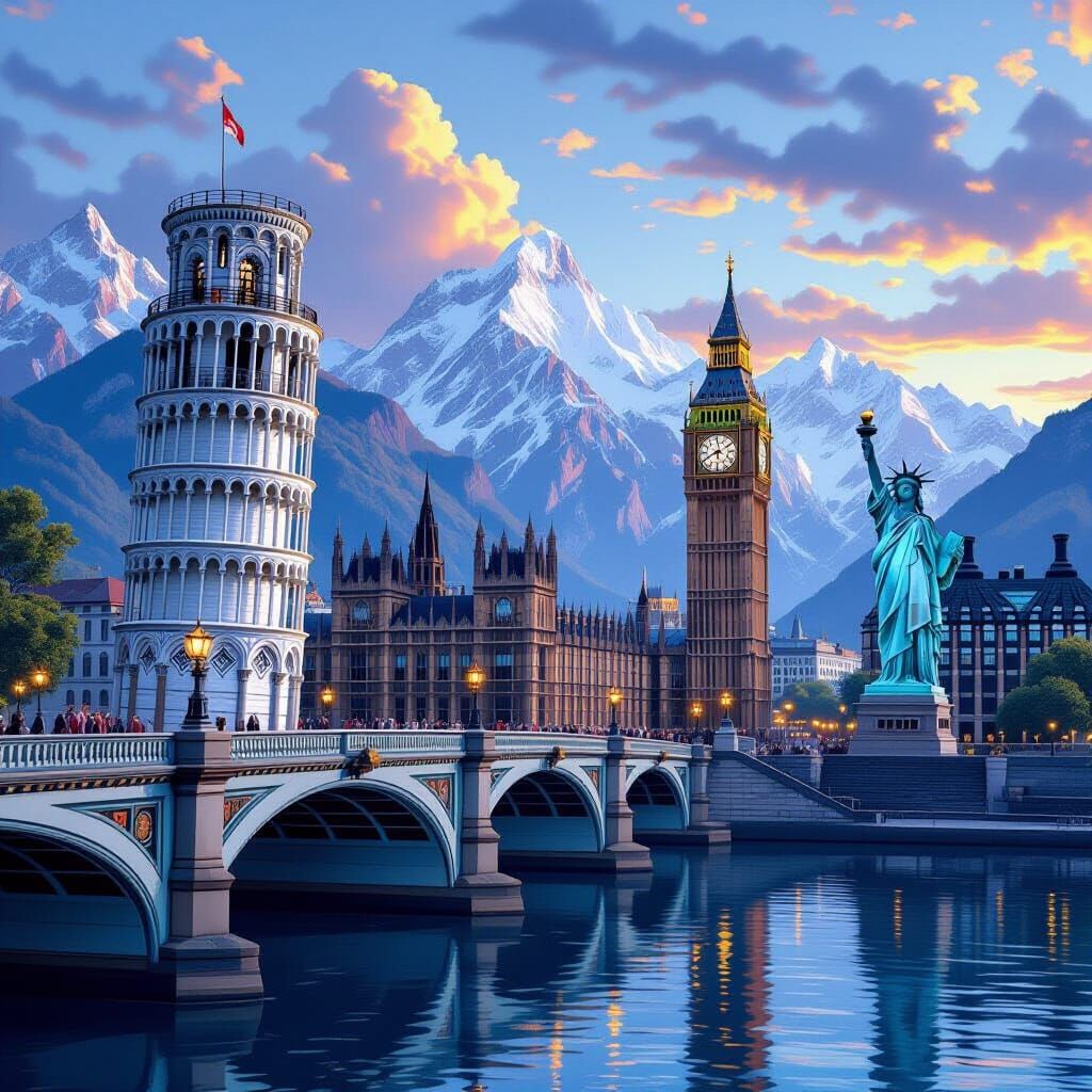 Global Landmarks Over Swiss Alps Bridge in Hyperrealistic St...