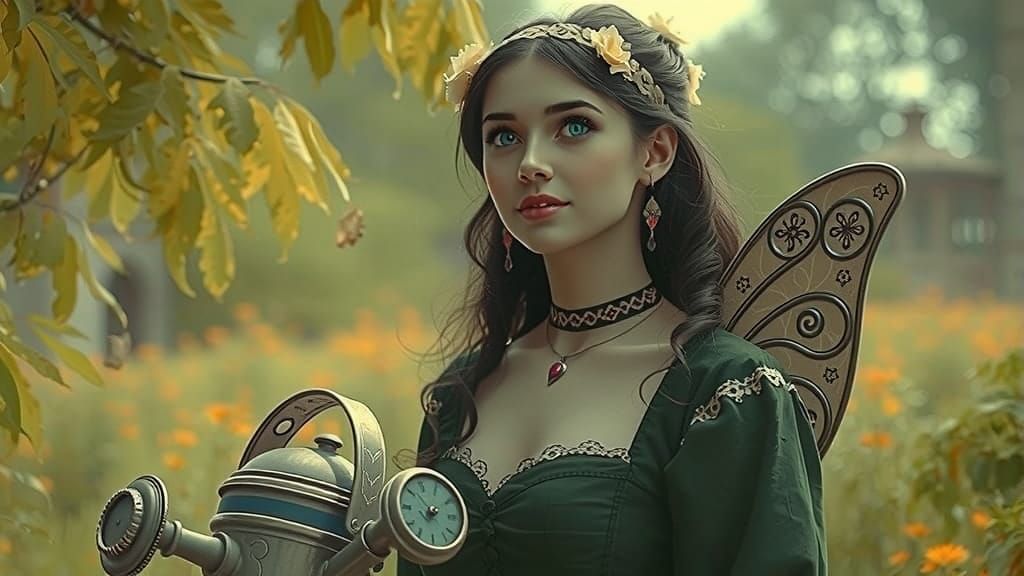 Whimsical Dark Hair Fairy in Enchanted Garden