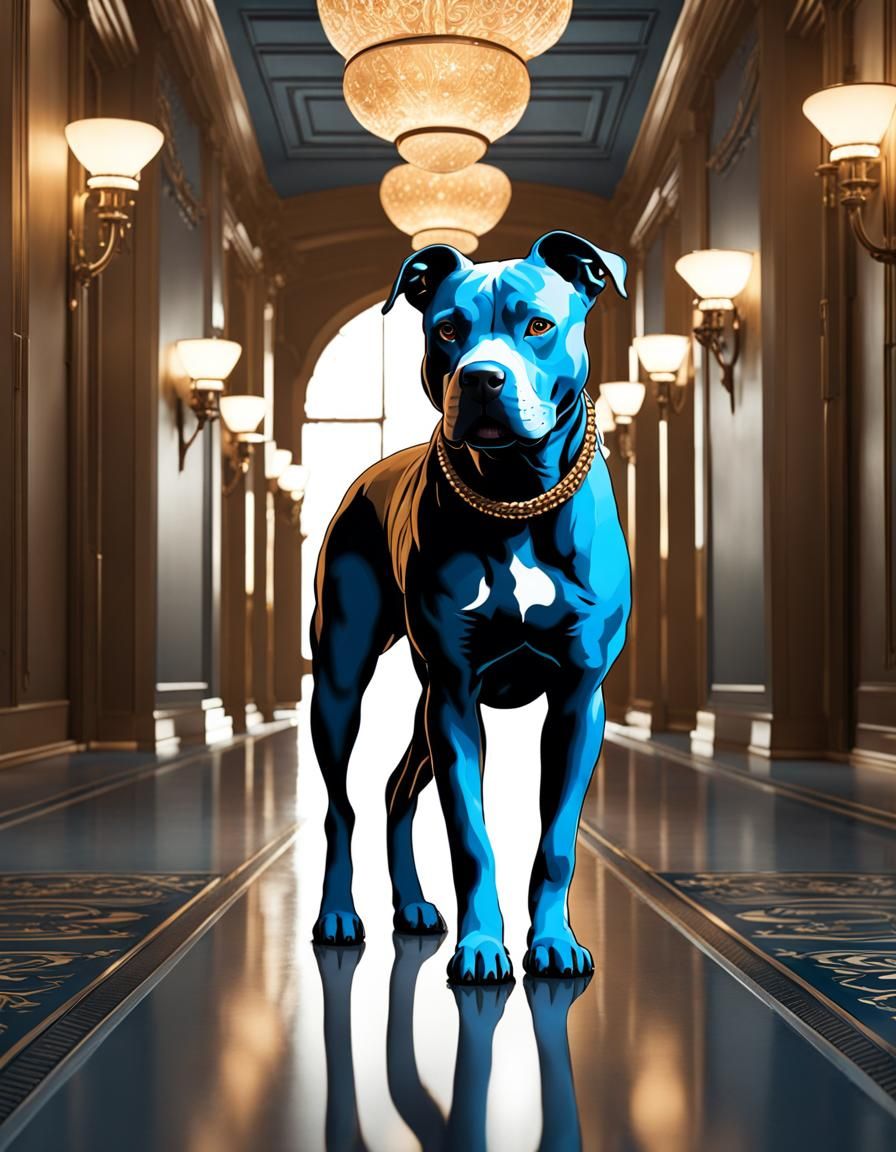 Blue Pitbull in Cecil Hotel Corridor: Hyperdetailed Portrait