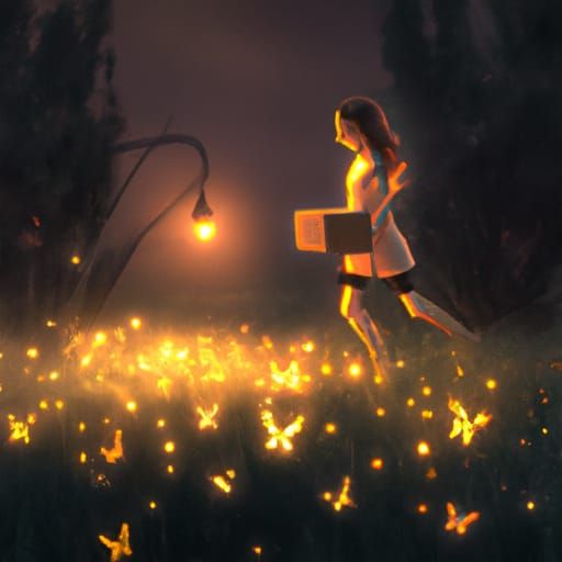 Girl Running with Box in Firefly Field: Digital Painting